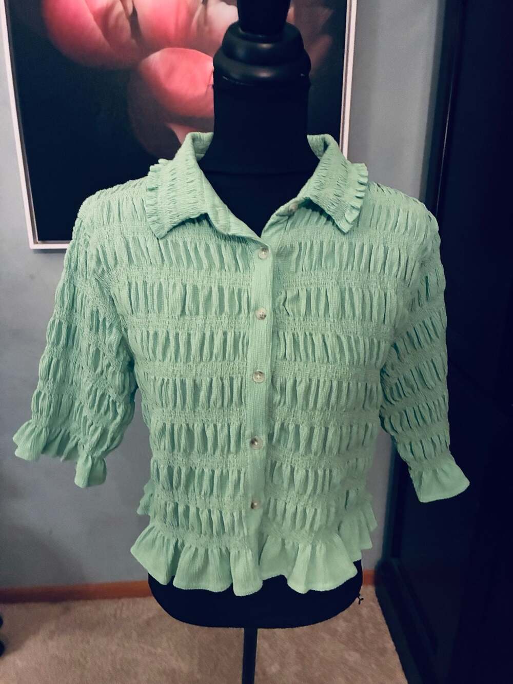 Maeve by Anthropologie Smocked Buttondown Shirt Mint Green Sz M A453